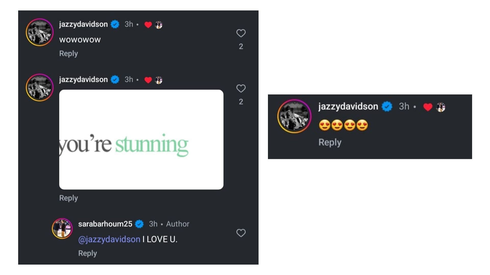 Jazzy Davidson's comments on Sara Barhoum's photo dump